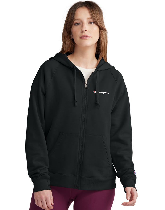 Champion Womens Hoodie NZ - Powerblend Fleece Full Zip Black ( 1254-QJDOX )